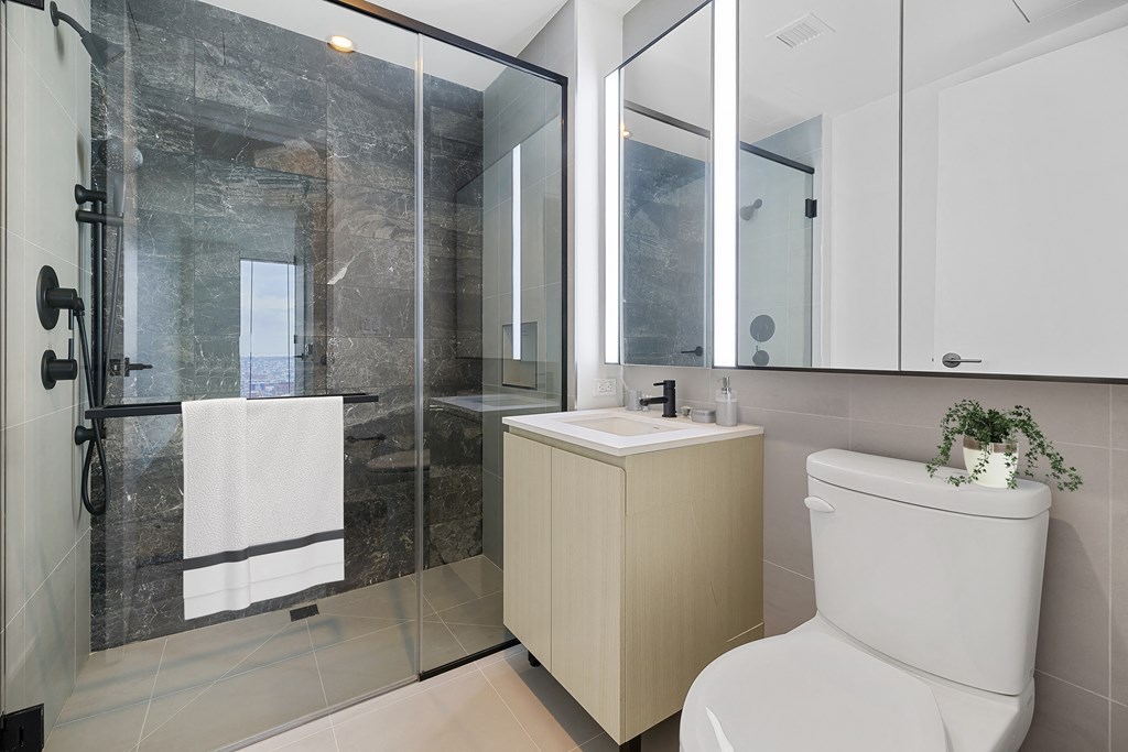 a bathroom with a toilet and a sink and a shower at The Paxton, Brooklyn, NY